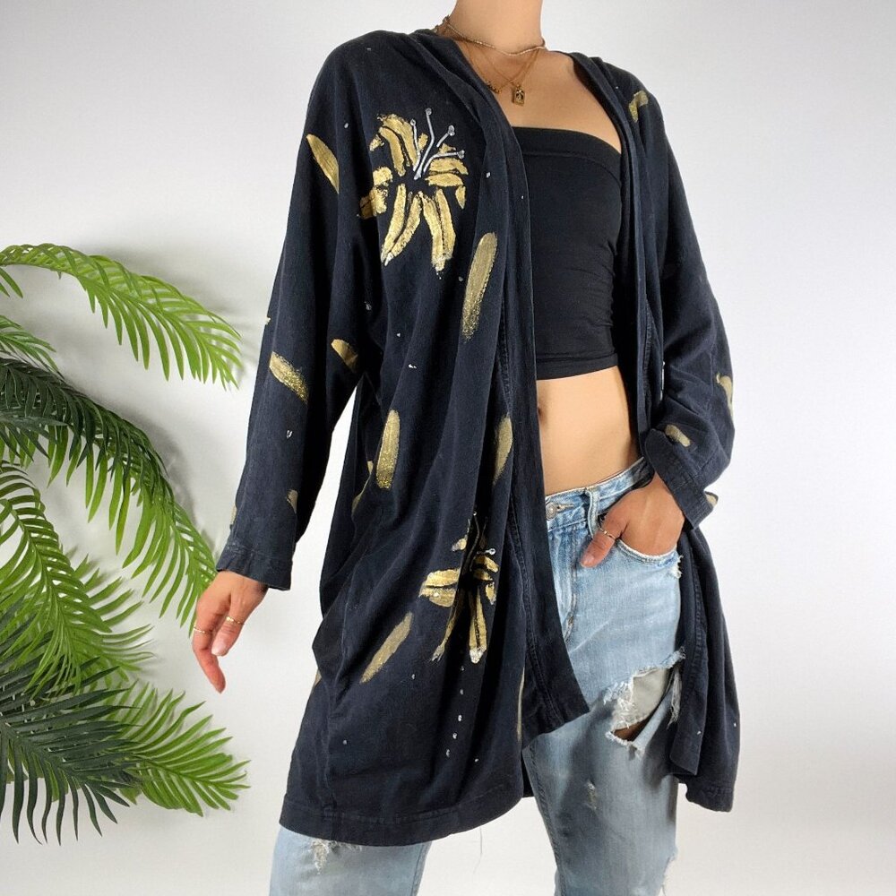 Vintage 80s 90s Black Floral Painted Retro Grunge Artsy Oversized Cardigan / 3X